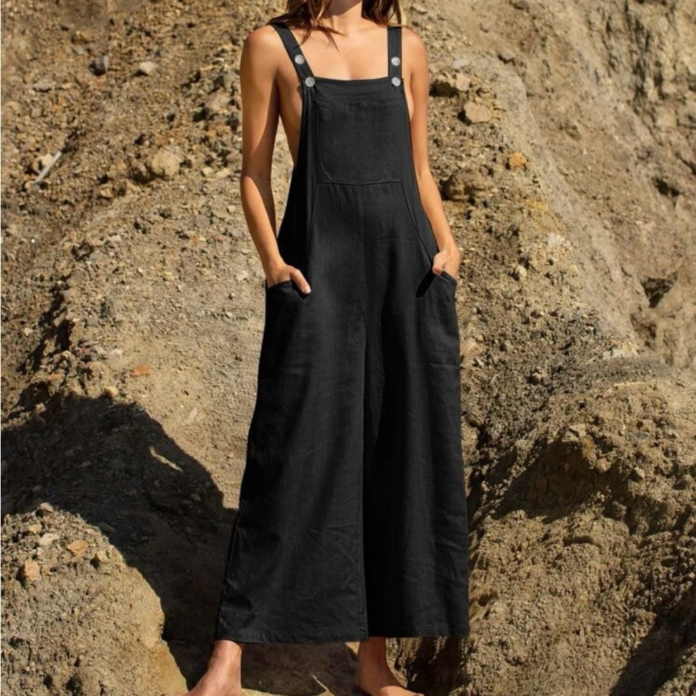 Linen Blend Casual Black Overalls Pockets Jumpsuit Wide Leg